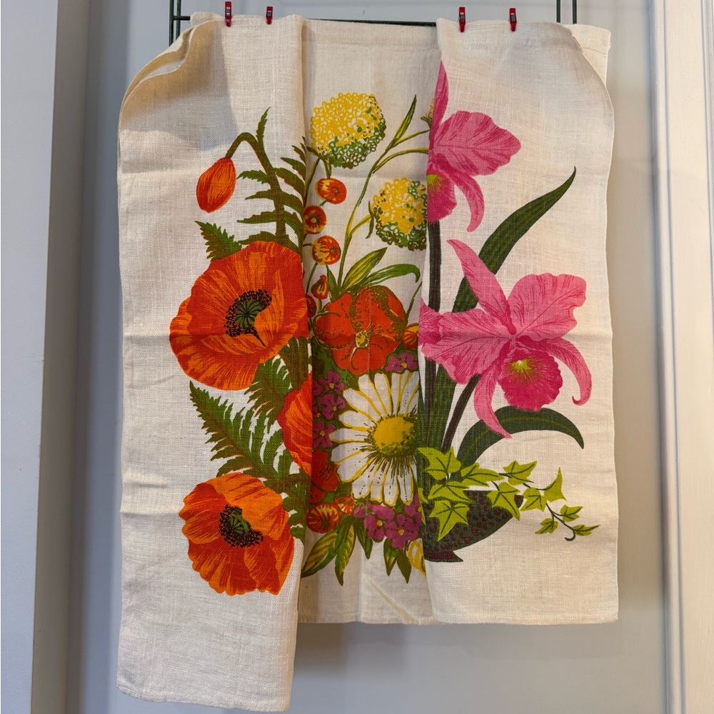 Lot of 3 Vintage Floral Mod Retro MCM Linen Teal Towels Poppies Orchids Daisies